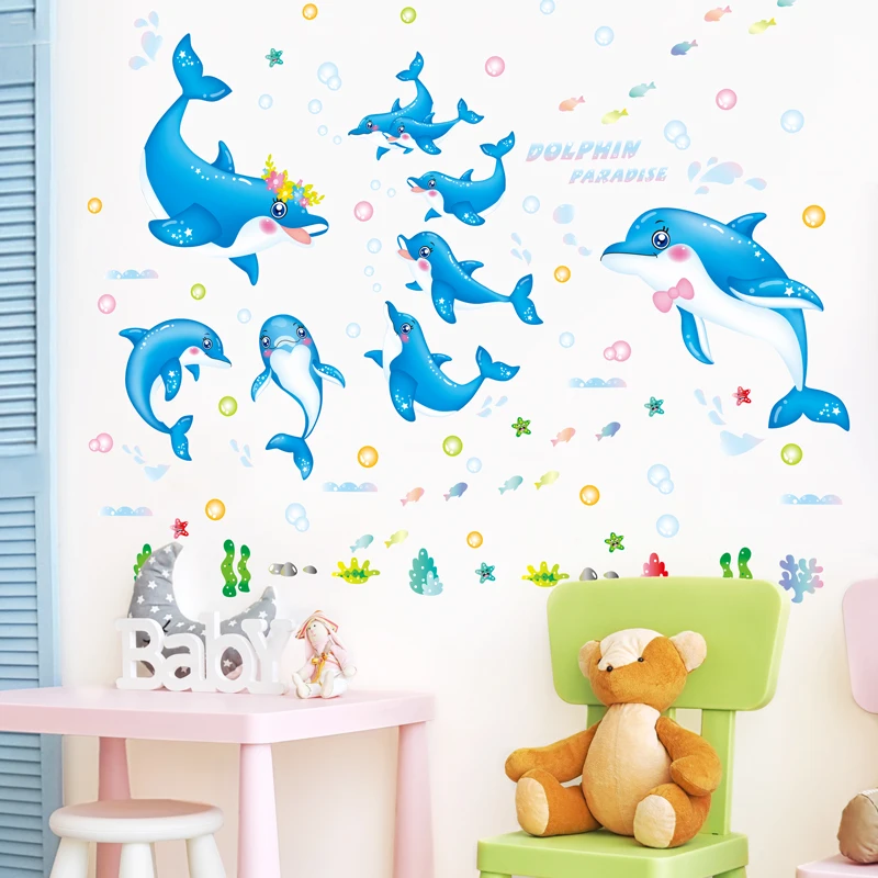 Наклейки на стену с голубыми дельфинами креативные Настенные рисунки сделай сам