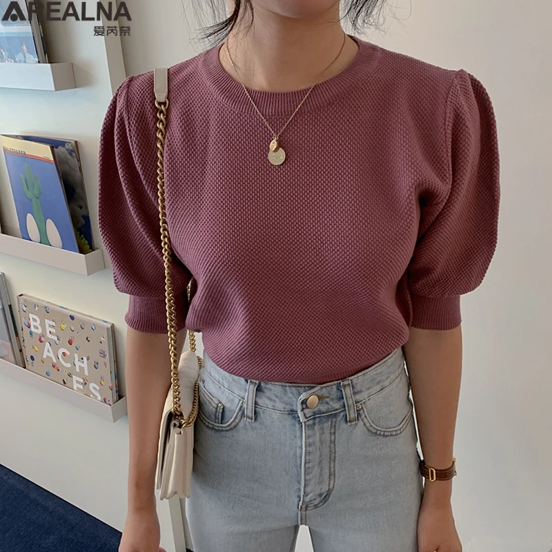

tshirt women 2021 Summer Korean Chic Pullover Women Casual Puff Sleeve Knitwear Top All-match tee shirt femme Sweet T-shirts