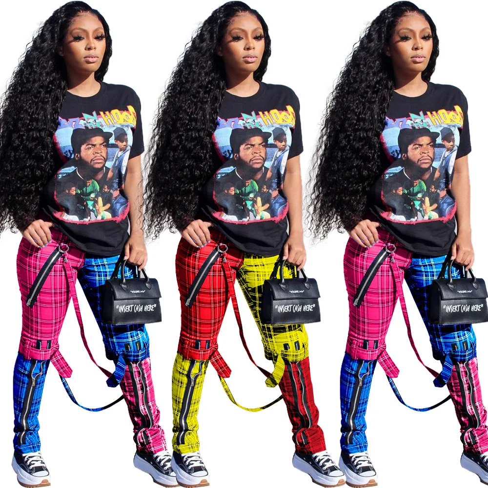 

Contrast Color Splicing Plaid Print Sweatpants Women Casual High Waist Zipper Up Bandage Pant Streetwear Skinny Cargo Trousers