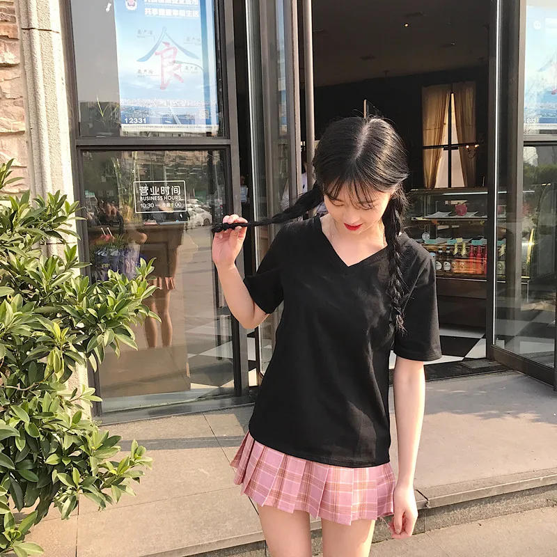 

V-neck Hip-Hop Solid Color Short Girls Cool Wide Sleeve T-shirt Retro Internet Hot Clothes Women Street Style