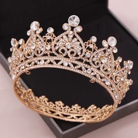 gold color big round crowns baroque tiara crown crystal heart wedding hair accessories queen princess diadem bridal ornaments