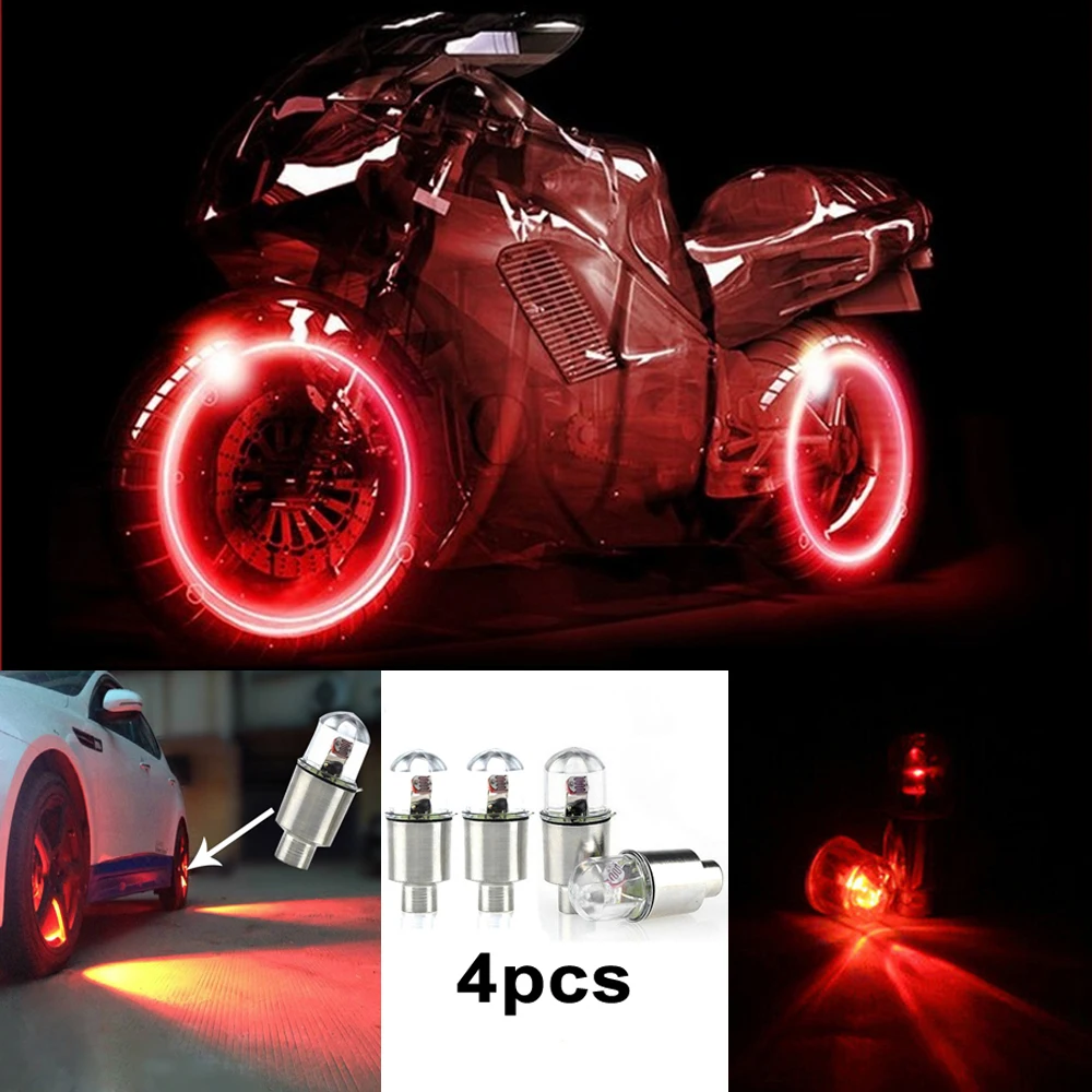 

4Pcs Auto Car Truck Tuning Wheel Tire Tyre Air Valve Stem LED Lights Lamp Bulbs Caps Red Exterior Decoration Accessories 12V
