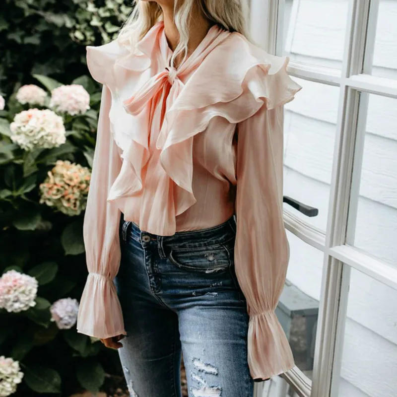 Женская блузка с бантом на воротнике длинными рукавами и оборками корейская мода