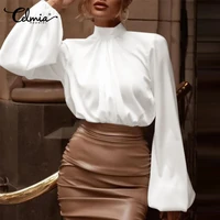 celmia 2022 new lantern long sleeve shirts women satin silk blouse autumn elegant high collar streetwear tunic casual solid tops