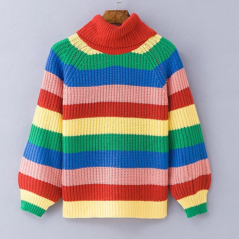 

2020New Rainbow turtleneck sweaters women winter jumpers knitted clothes fashion striped oversized pullover female sale