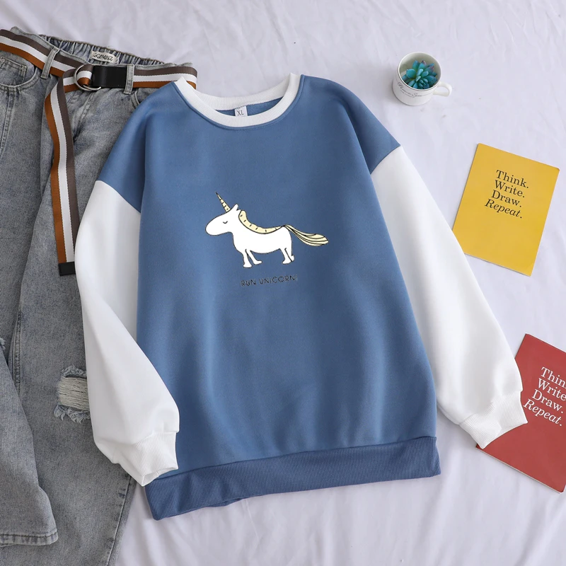 

Unicorn Clothes Girl's Winter Hoodie Fleece Casual Pullover Print Patchwork Contrast Color Sweatshirt Girl Fashion Print Coat