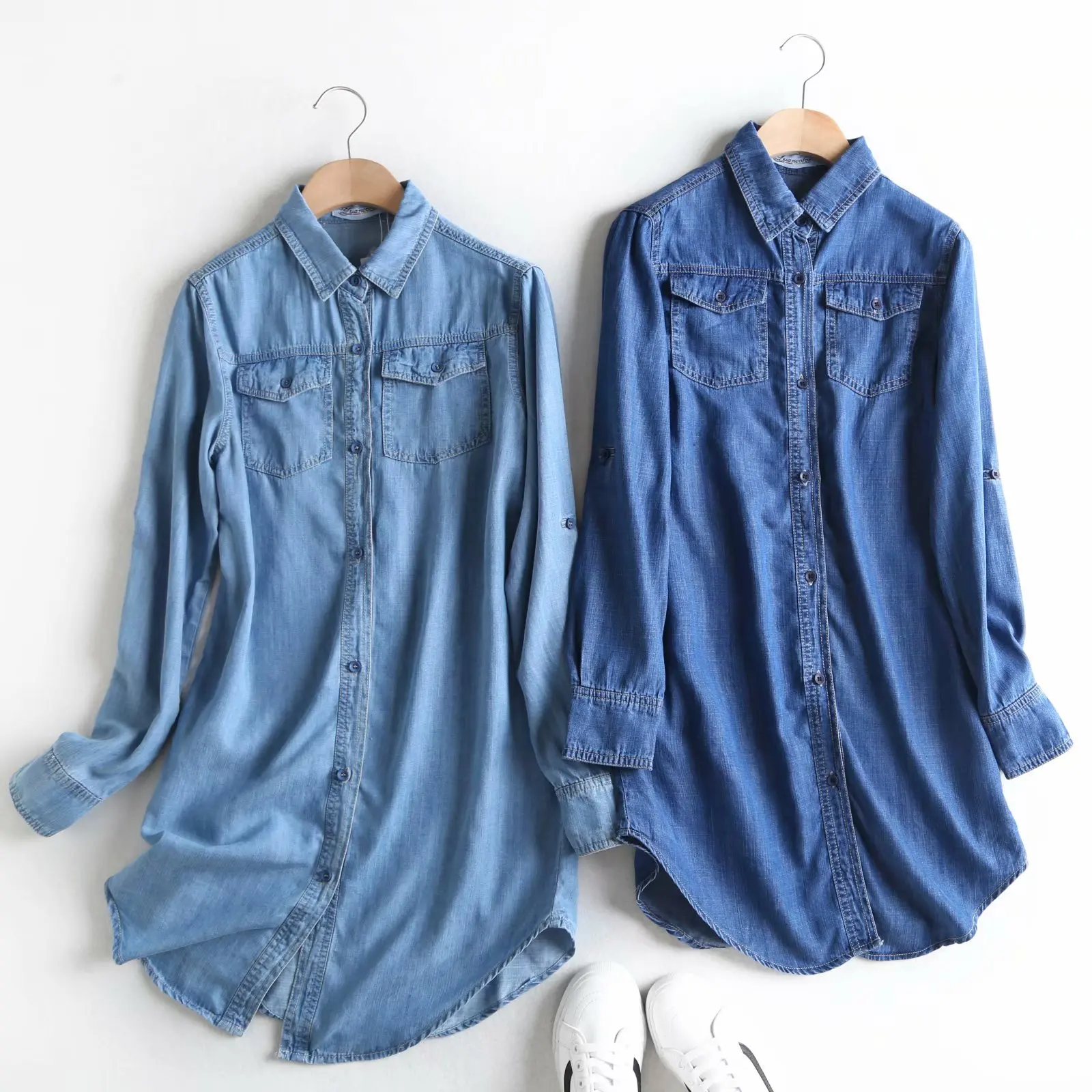 

2021 New Women Denim Dress Summer Casual Classic Dress Elegant Vintage Profession Solid Color V-Neck Fashion Long Sleeve Lady