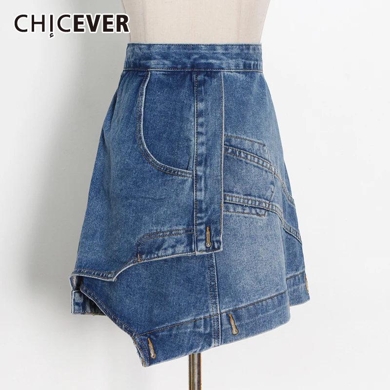

Повседневная джинсовая юбка CHICEVER в стиле пэчворк для женщин трапециевидная Асимметричная Свободная юбка с высокой талией Женская модная н...