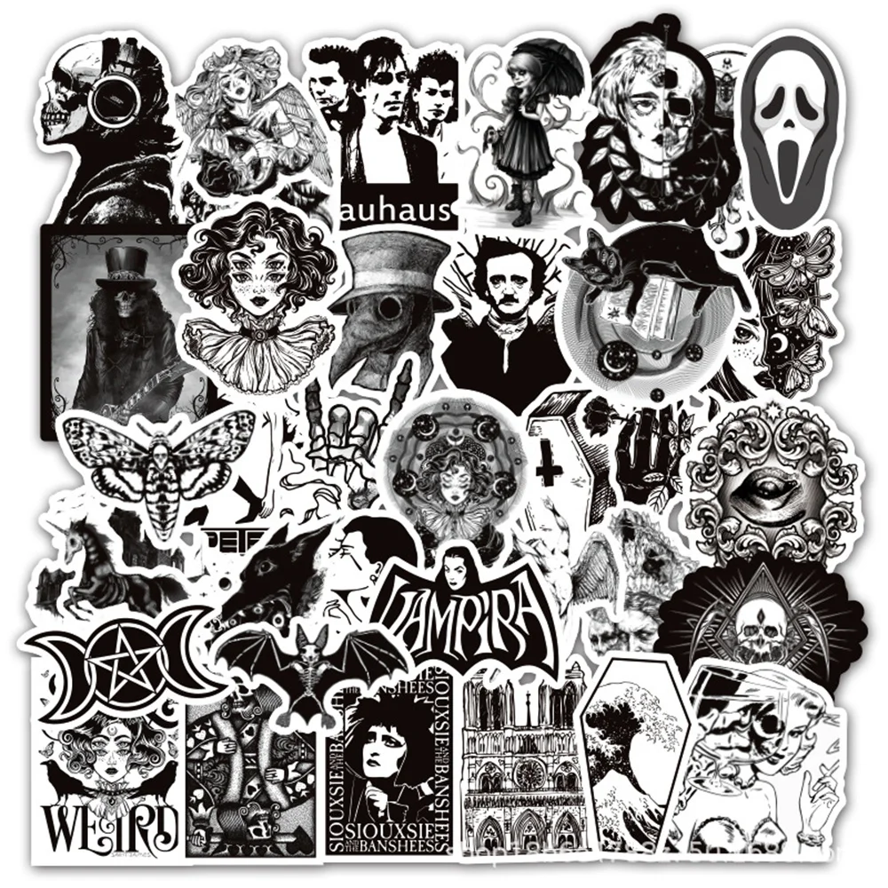 

50PCS Black and White Punk Style Gothic Graffiti Trolley Scooter Refrigerator Water Cup Waterproof Sticker Wholesale