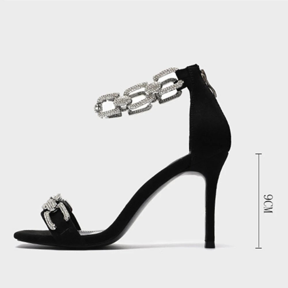 

Luxury Brand Rhinestones Chains High Heels Back Zipper Gladiator Women's Sandals Elegant Summer Party Prom Shoes Woman 2021 New