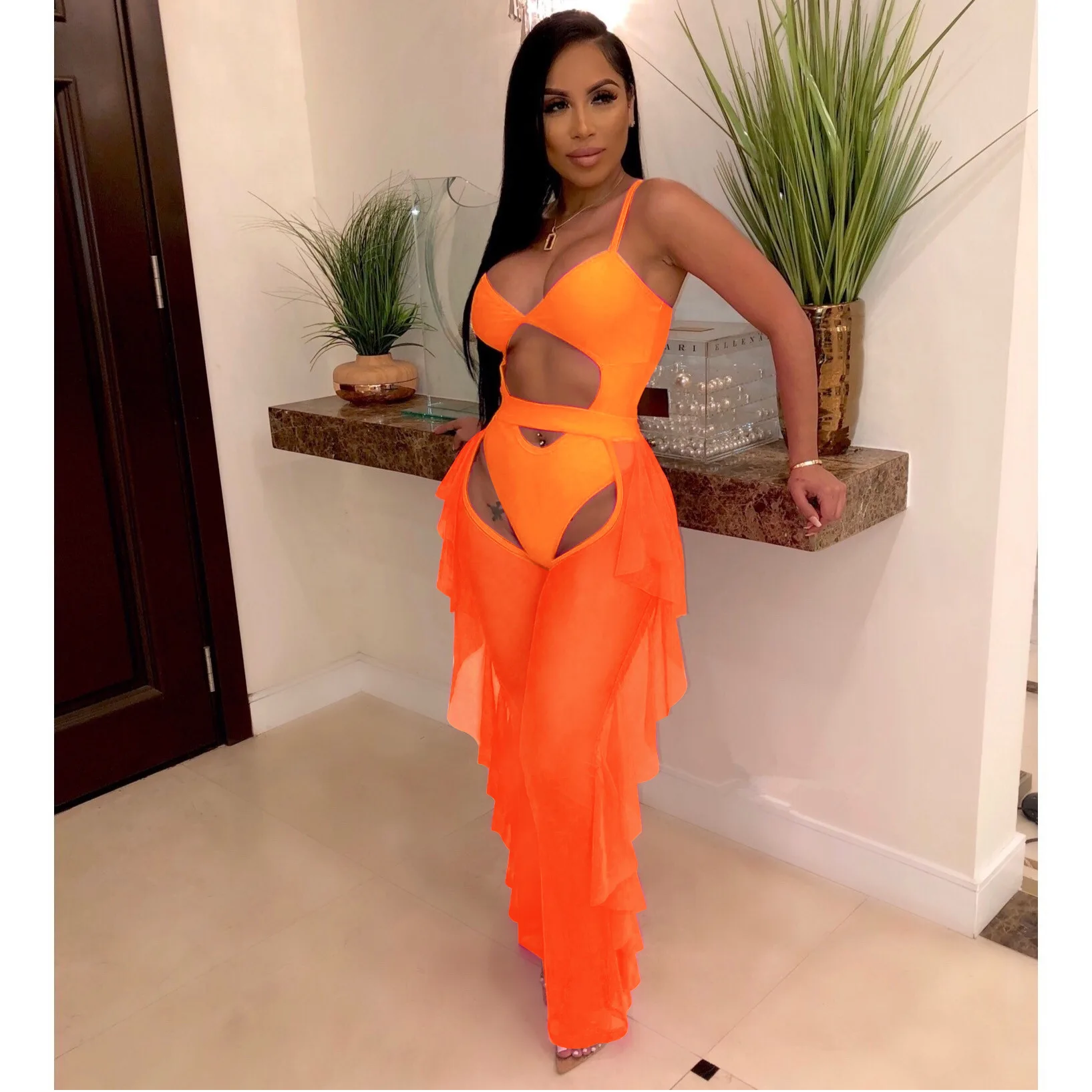 

Sexy Bikini Two Piece Set Swimsuit Solid Color Hollow Out Sheer Mesh Summer Beach Clothes Outfit