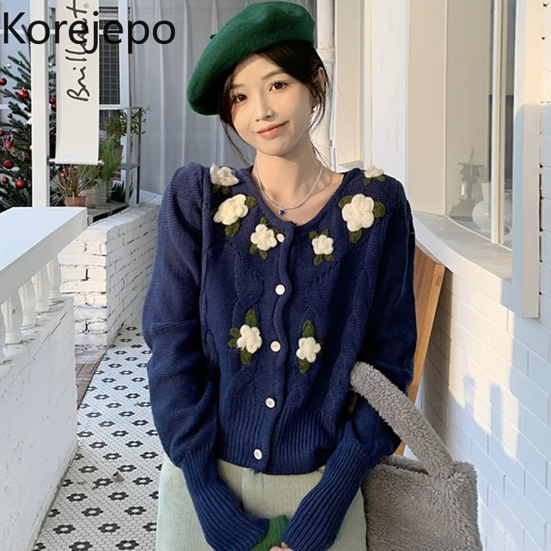 

Женский трикотажный кардиган с трехмерными цветами, корейская мода, новинка зимы 2021