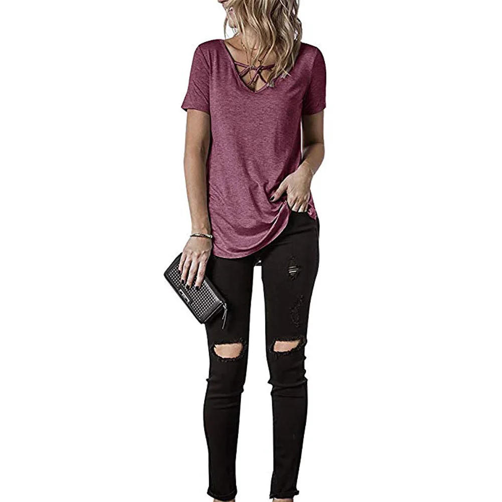 Топы с v образным вырезом модная женская футболка Свободная летняя однотонная