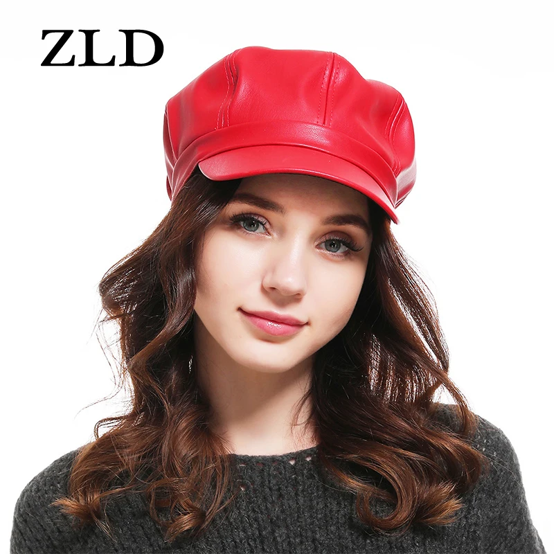 ZLD Hot 2019 Solid Color PU Leather Octagonal Cap Ladies British Retro Casual Fashion Painter Outdoor hip hop cap lot | Аксессуары для