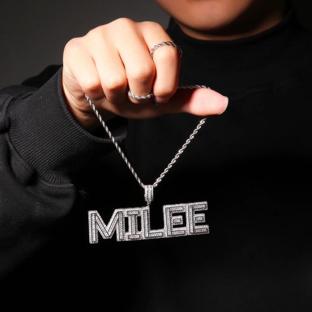 

TBTK Custom Baguette Letter Pendant Iced Out Square Cubic Zirconia Personalized NamePlate Necklace Hiphop Jewelry