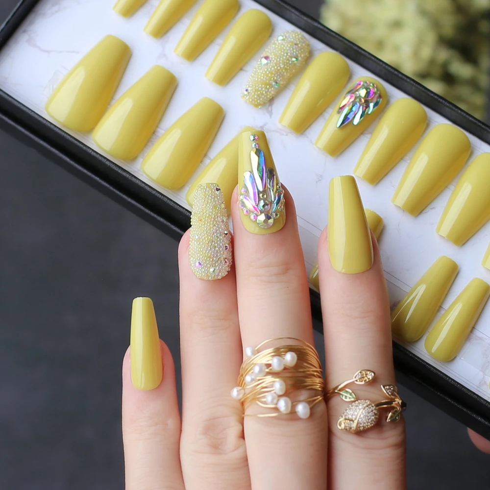 Накладные ногти лимонно желтого цвета милые летние накладные гроб AB РАДУГА