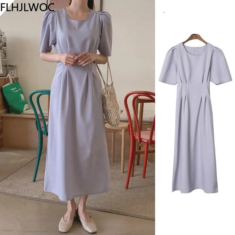 

Романтическое корейское шикарное милое Дамское Платье, женское однотонное винтажное синее длинное платье макси в стиле ретро