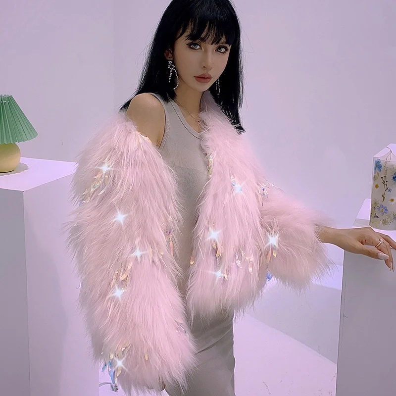

RosEvans Winter Personality Sequin Fashion Women Real Fur Jacket Net Red Coat Female White Raccoon Fur Strip Tassel Jacket 2020