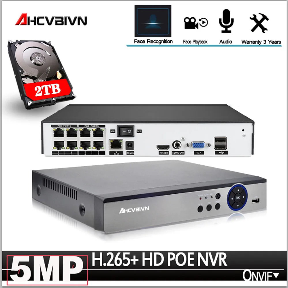 H.265 8CH 4CH 48 V POE NVR до 8CH 5MP/1080 P аудио выход наблюдения безопасный видеорегистратор для POE камеры обнаружения движения ONVIF