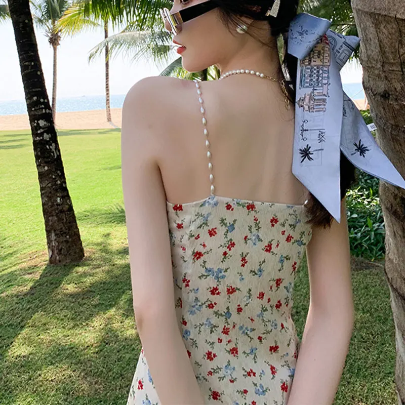 

Fashion Women's Floral Printed Dress V-neck Sleeveless Pearl Sling Female Midi Dresses 2021 Summer Lady Sexy Side Split Vestidos