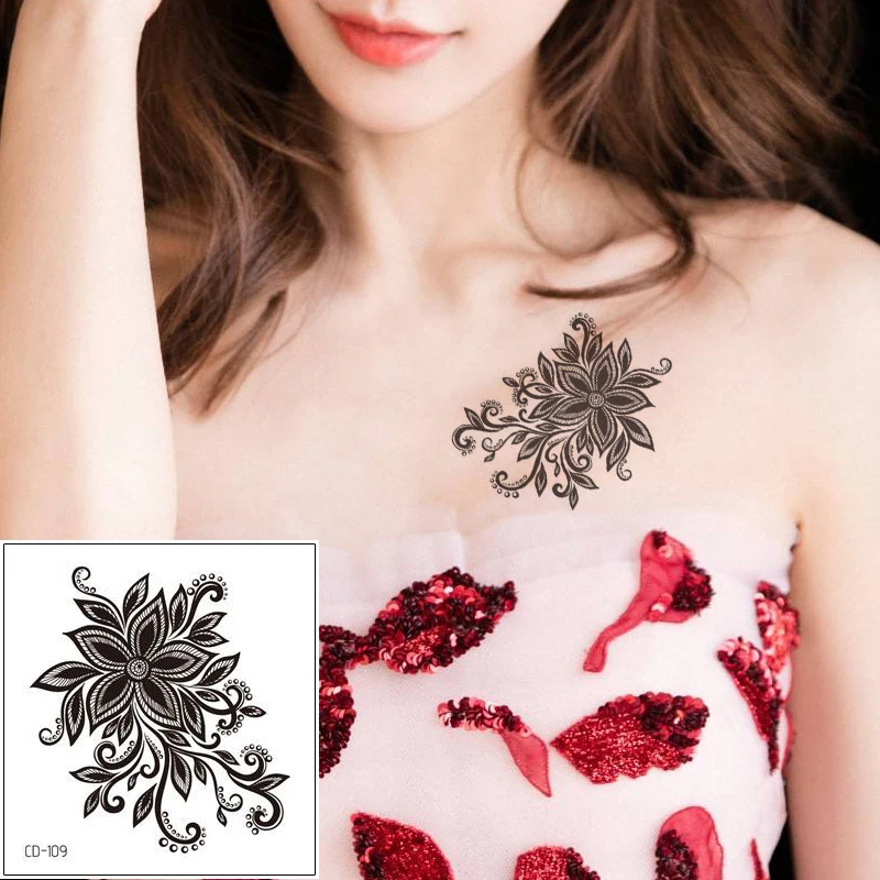 Черные искусственные цветы руки плечи женщина тату-наклейка временная
