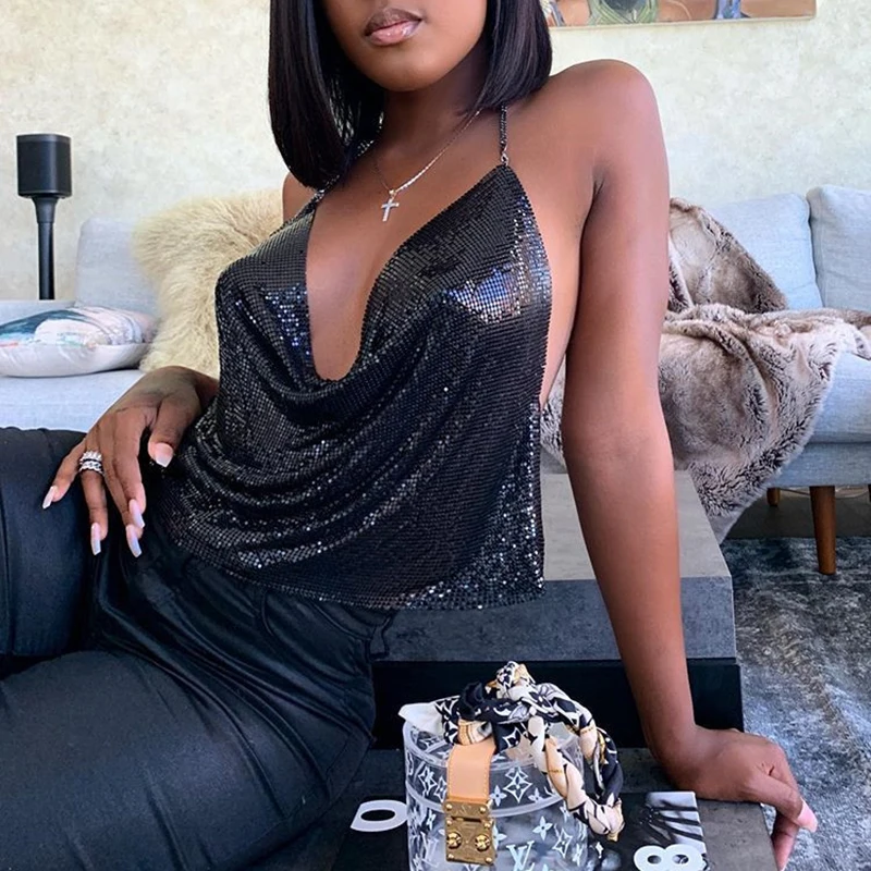 2021 Low Cut Sequins Cropped Top Camis Women Fashion Sexy Hollow Out Backless Celebrity Luxury Solid Short Party Tops Nightclub | Женская