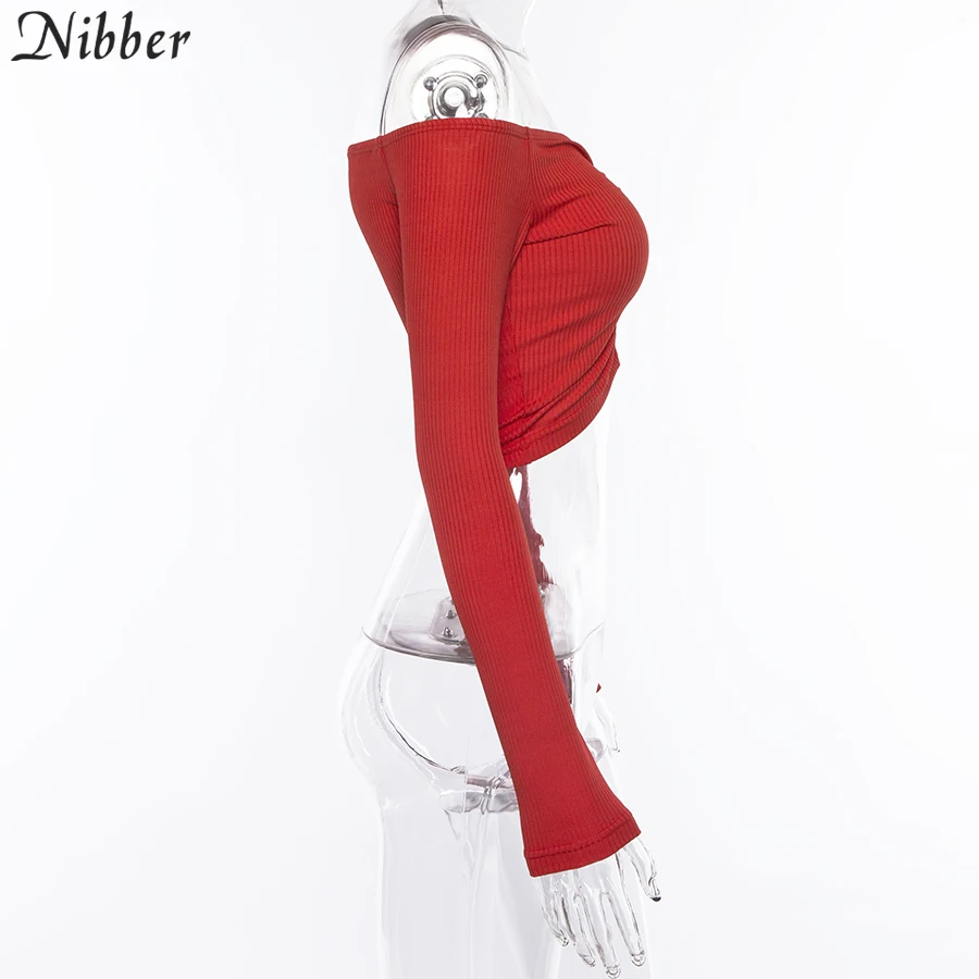 Nibber элегантные топы с открытыми плечами для женщин осень черный красный стрейч тонкая футболка Топ Модные вечерние повседневные футболки mujer