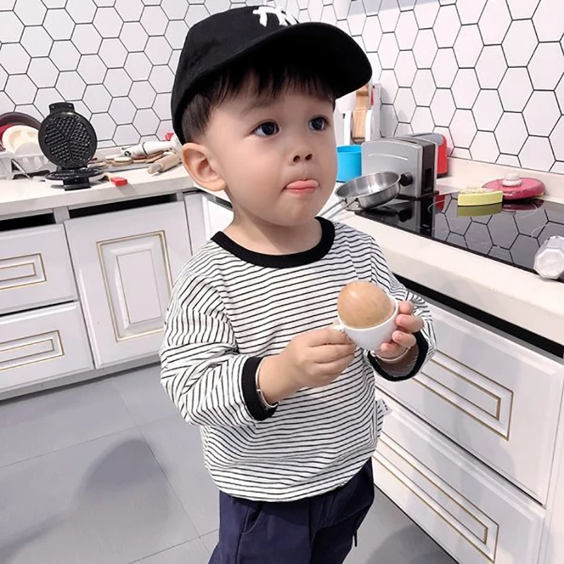 

Baby Clothes Back Buckle Striped Long Sleeve T Shirt Toddler Girl Boy Fashion Black White 2022 Casual Harajuku Oversize Pullover
