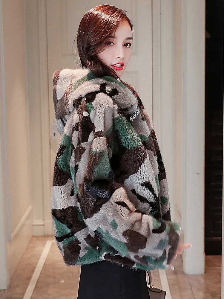 inverno новая полностью из норки шуба curto moda simples cinto de camuflagem verde do exerrcito das mulheres jaqueta com capuz de