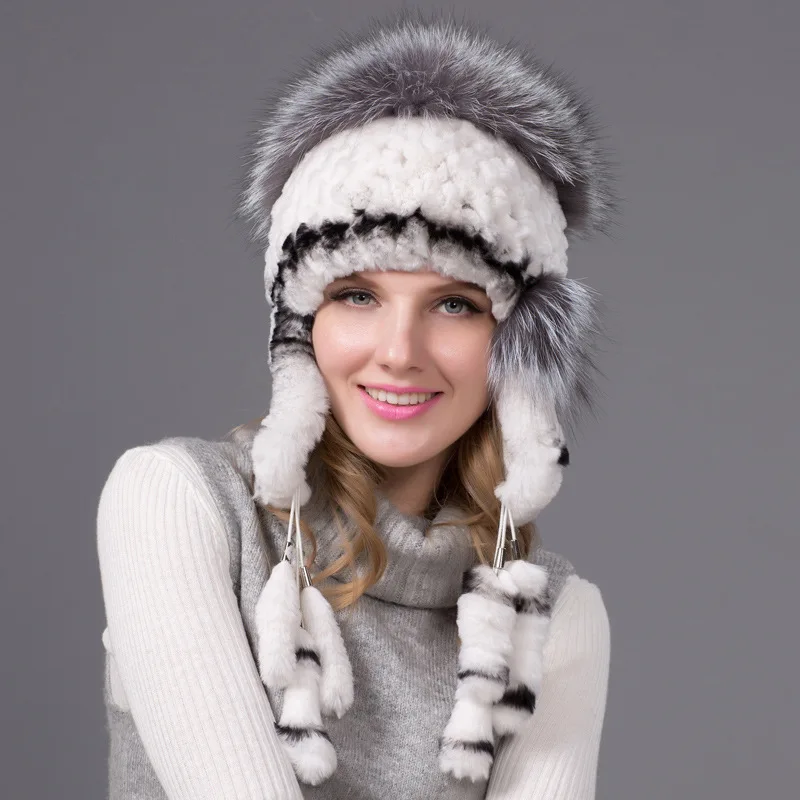 High Quality Rabbit Hair Real Fur Knitted Hat Tassel Lady Knitted Fur Fox Hair Ear Protection Winter Outdoor Warm Cap for Women