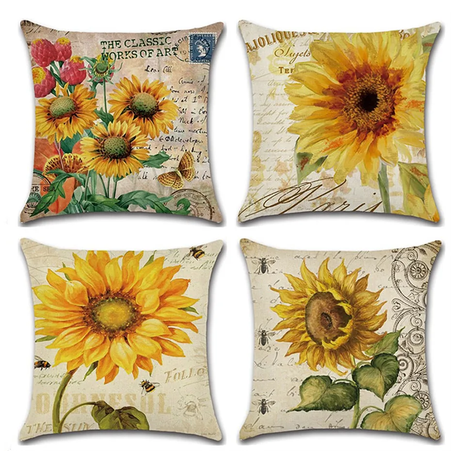 

Наволочка с принтом подсолнуха, льняная, летняя, желтая, Цветочная декоративная наволочка для домашнего дивана
