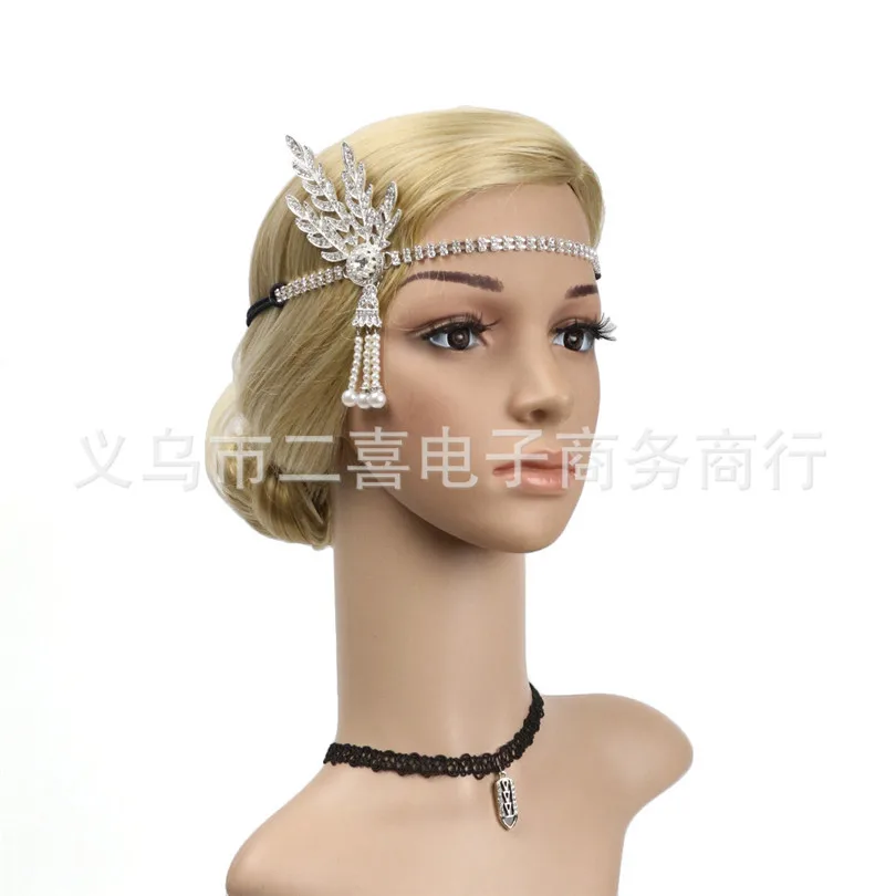 1920s винтажная Хрустальная повязка с листом Грейт Гэтсби жемчужная розовая