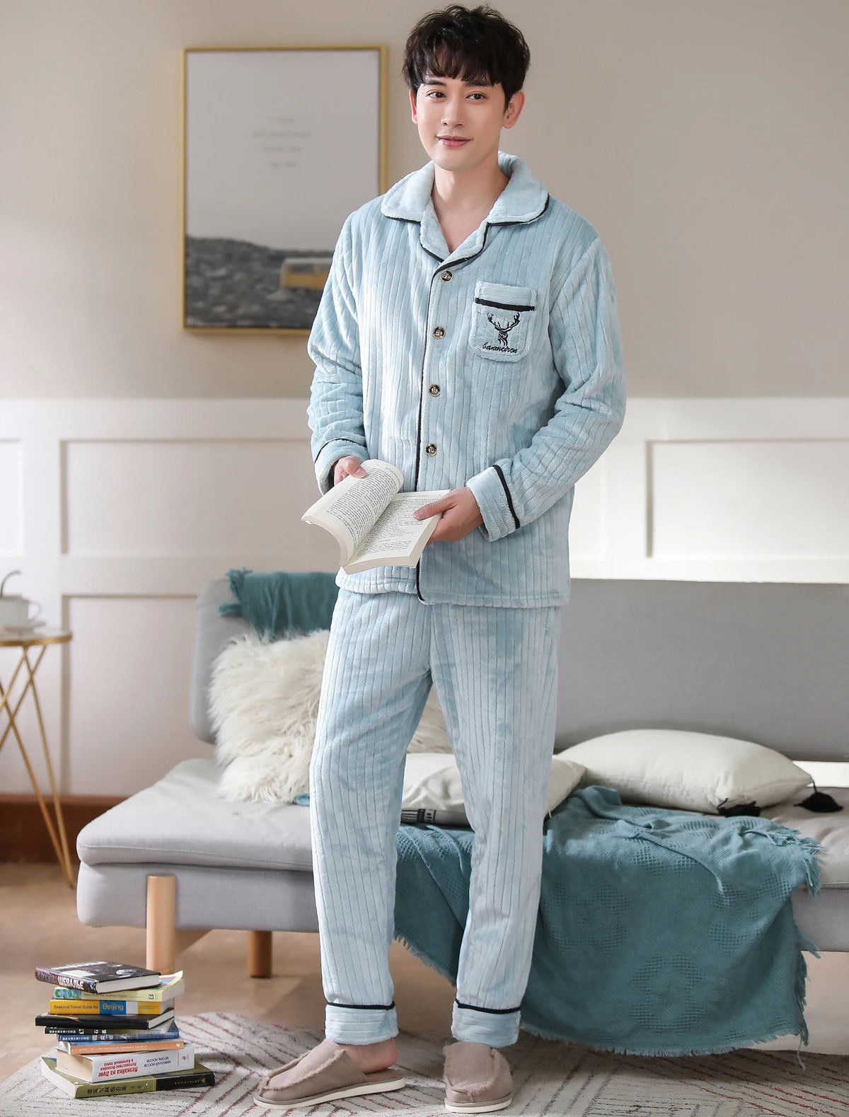 Men's Winter Thicken Flannel Pajamas Sets Male Long Sleeve Pajamas Plus Size Pijama Sleepwear Homewear Teenager Casual Pyjamas