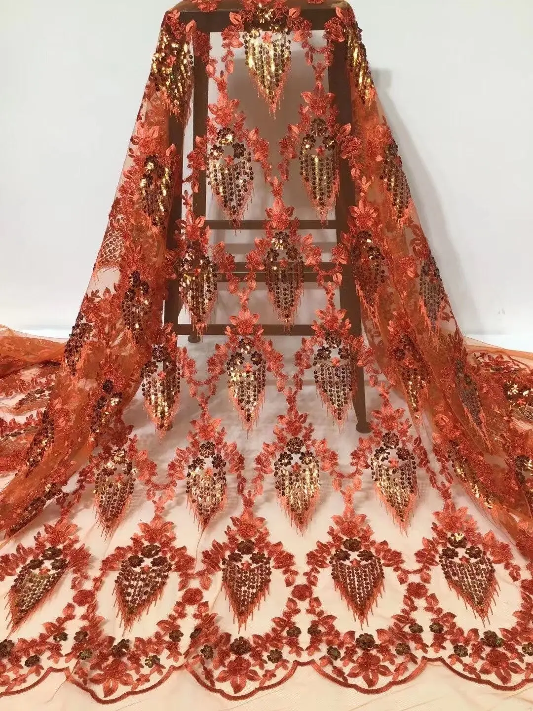 

New Orange Luxury African Sequin Lace Fabric 2021 French Net Sequence Embroidery Nigerian Wedding Party Gold Line Tulle Lace
