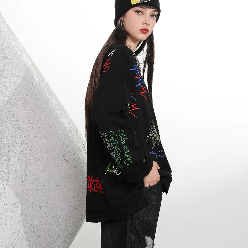 Max LuLu модные корейские женские осенние панк уличные женские свободные толстовки с дырками Повседневные свитера большого размера с вышивкой