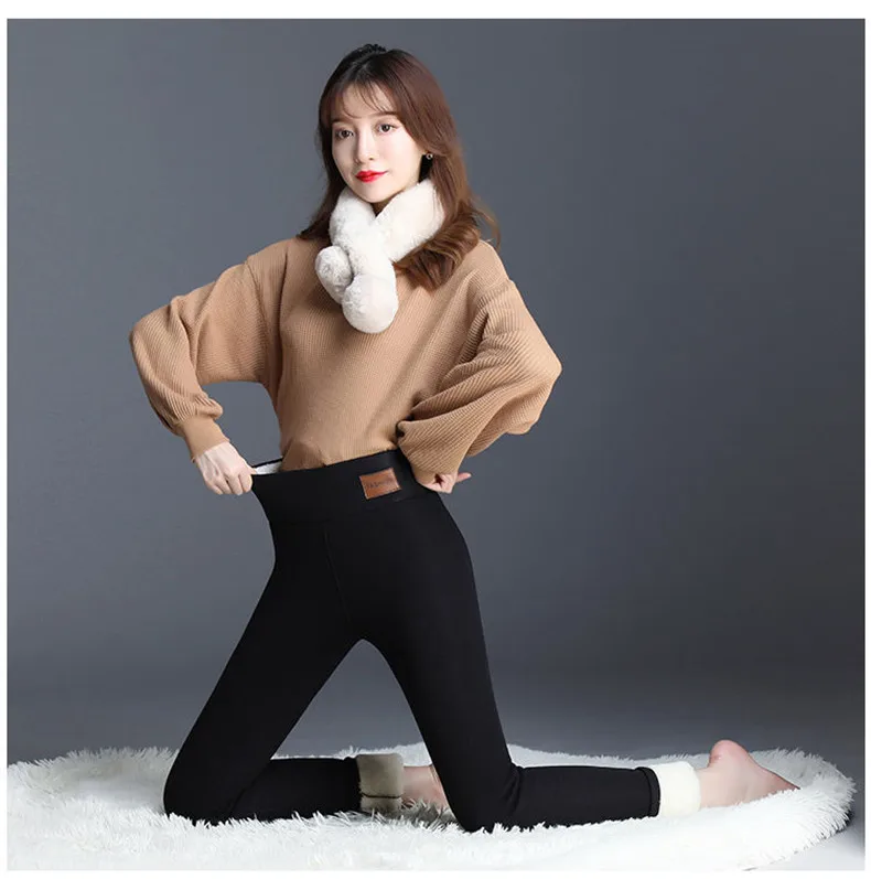 Black warm pants winter skinny thick velvet casual wool fleece Trousers Lambskin Cashmere Pants For Women leggings