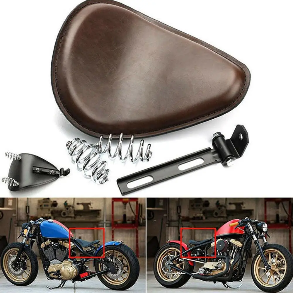 

Bobber Motorcycle Seat Black Brown Leather Cafe Racer Solo Seat Cover 3" Spring Swivel Bracket For Harley Chopper Bobber Honda