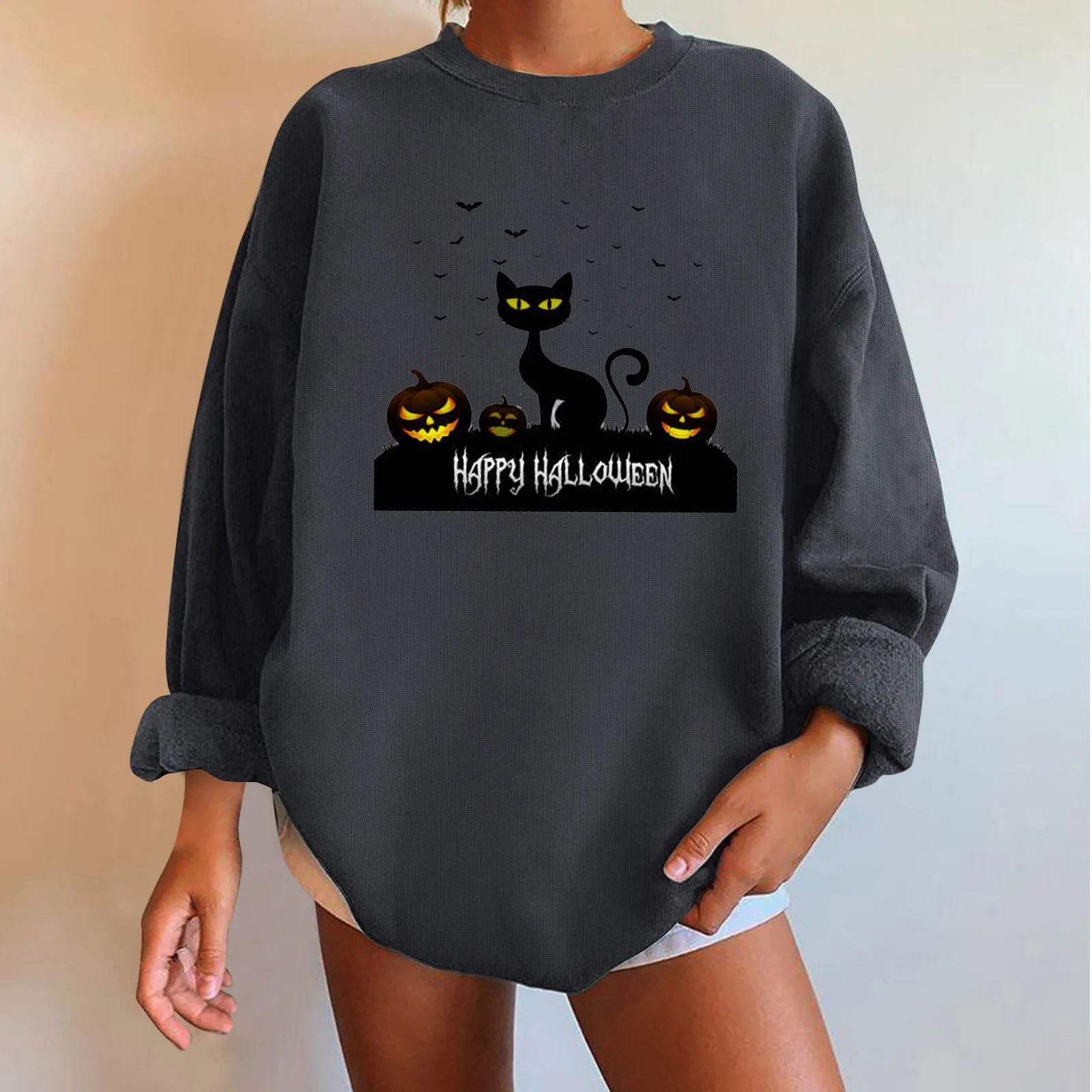 

Women's Sweatshirt Crewneck Coat Loose Long Sleeve Cartoon Cat Halloween Print Pullover Streetwear for Women Sudaderas Moletom
