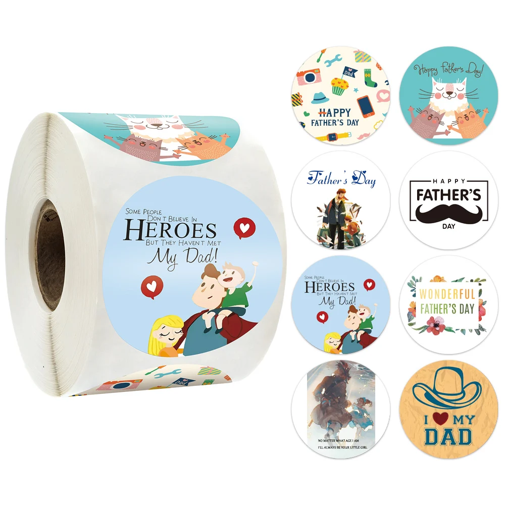 

Happy Father's Day Sticker Roll 1.5 inch 500pcs/roll 8 Cartoon Designs Circle Labels for Dad Gift Packaging Party Decoration Tag
