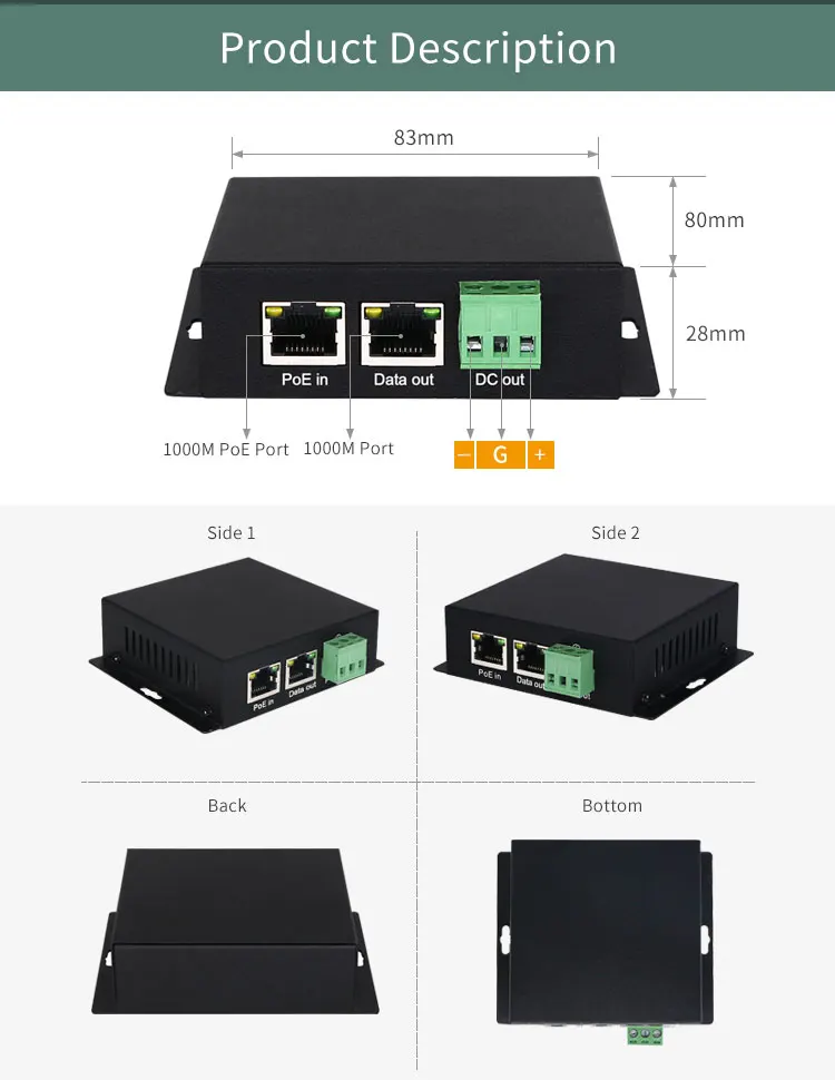 Промышленный Isplated PoE Gigabit Spliter высокой мощности 90 Вт 12 В Выходное напряжение POE Модуль питания POE переключатель