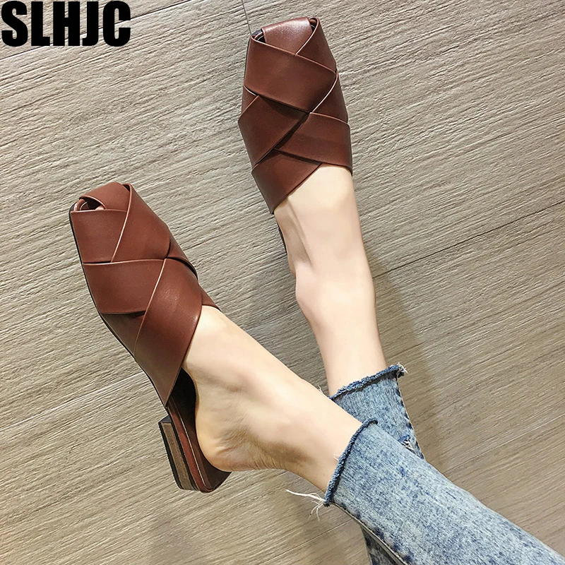 Женские летние вязаные кожаные шлепанцы SLHJC сандалии на низком квадратном