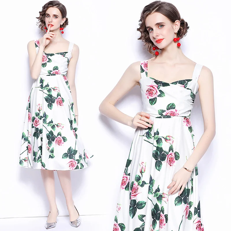 

Summer Women Rose Print Strap Dress White Sleeveless Vest A-Line Dress With Lining 2021 Female Vestidos