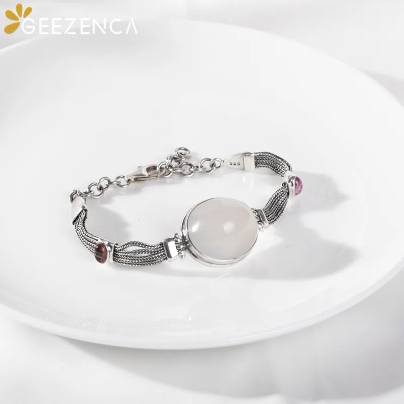 

GEEZENCA Luxury S925 Silver White Chalcedony Red Tourmaline Bracelet For Women Vintage Chopin Chain Natural Stone Bracelets Gift