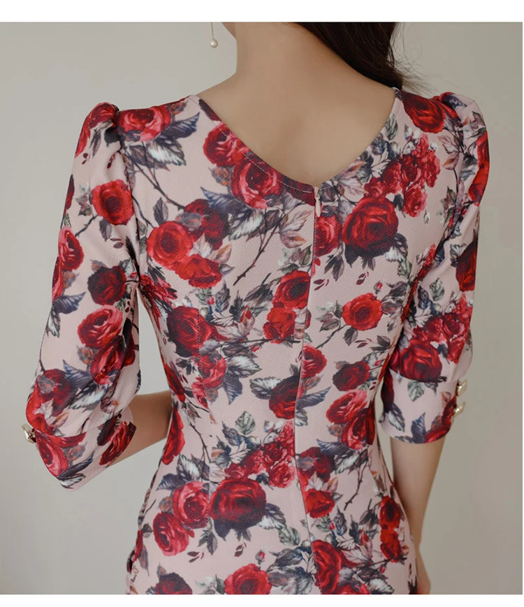 

2020 Winter Slim 3/4 Puff Sleeve Sheath Bodycon Sexy Print Women's Dress Mini Fishtail Vestidos