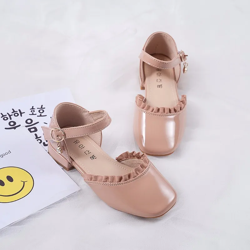 

Children Leather Shoes for Girls Medium Big Kids Party Shoes Black Beige Pink High Heels Ruffles Chic Princess Soft 26-36 Autumn