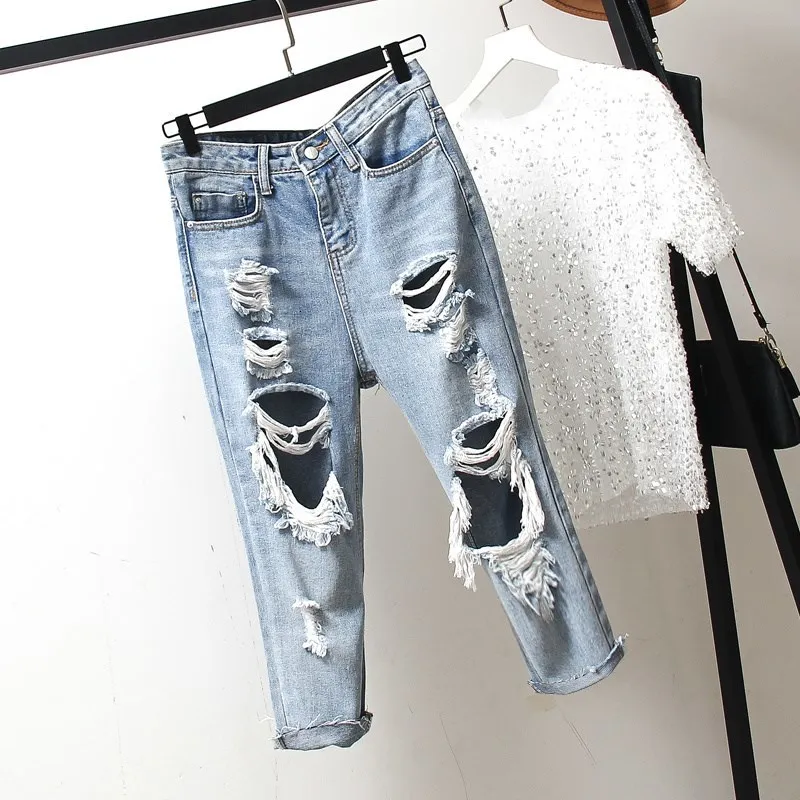 Женские джинсы оверсайз свободные облегающие винтажные шаровары с дырками