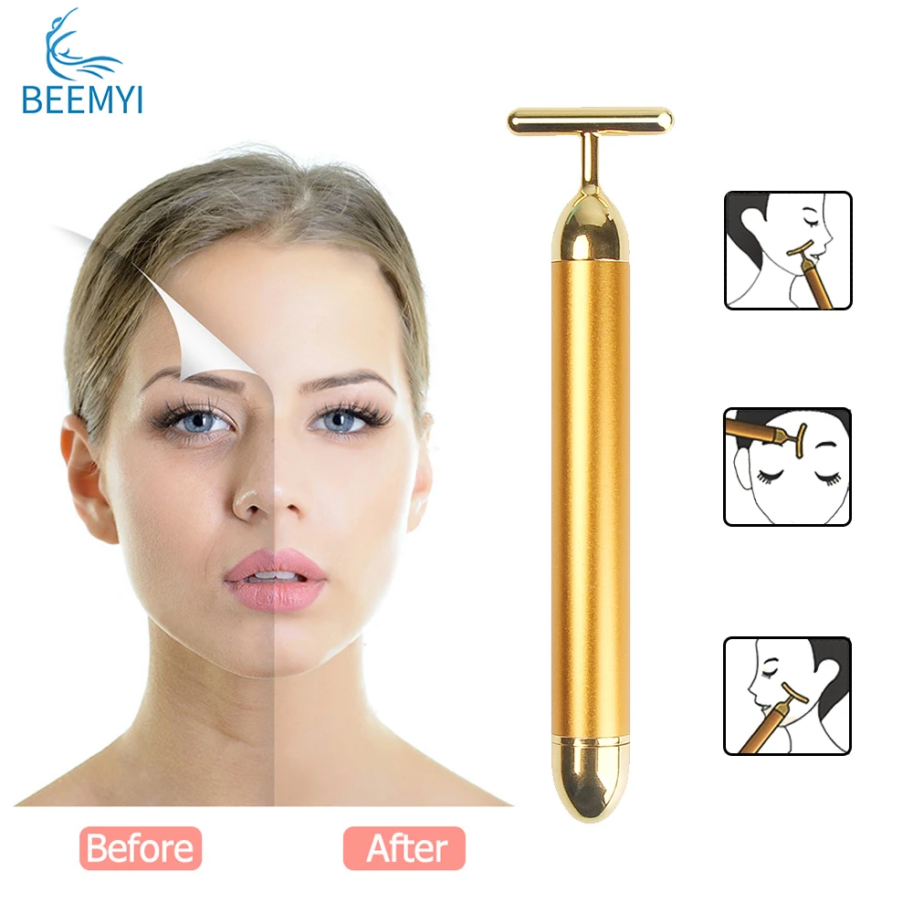 

24k Gold T Shaped Face Lift devices Bar Roller Vibration Slimming Massager Facial Stick Facial Beauty Skin Care Vibrating Tool