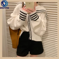 fashion knitted cardigan women college style sailor collar vintage casual knitted sweater outwear long sleeve all match loose