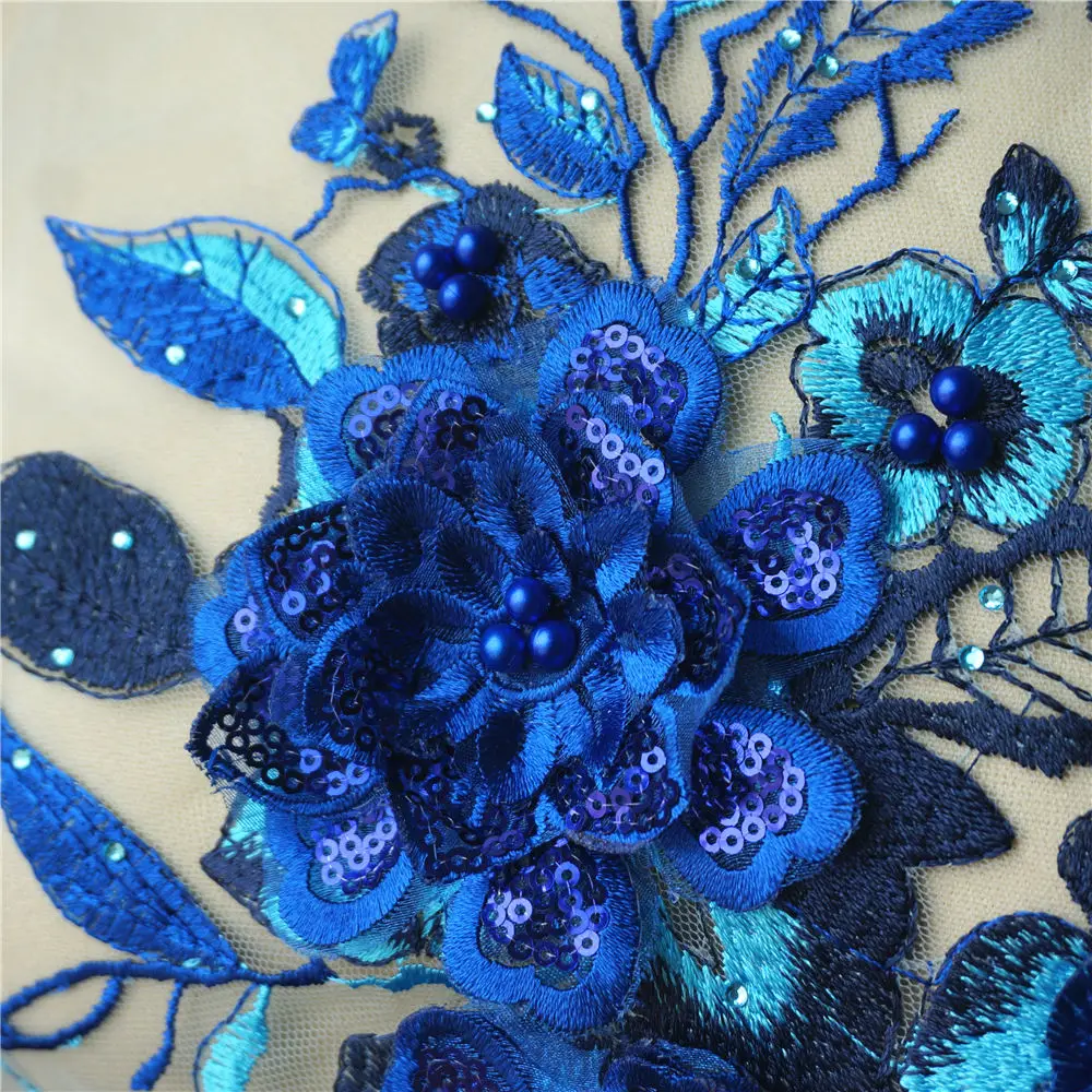 Королевский синий 3D цветок кружева ткань блесток бисер Стразы Вышивка бальное