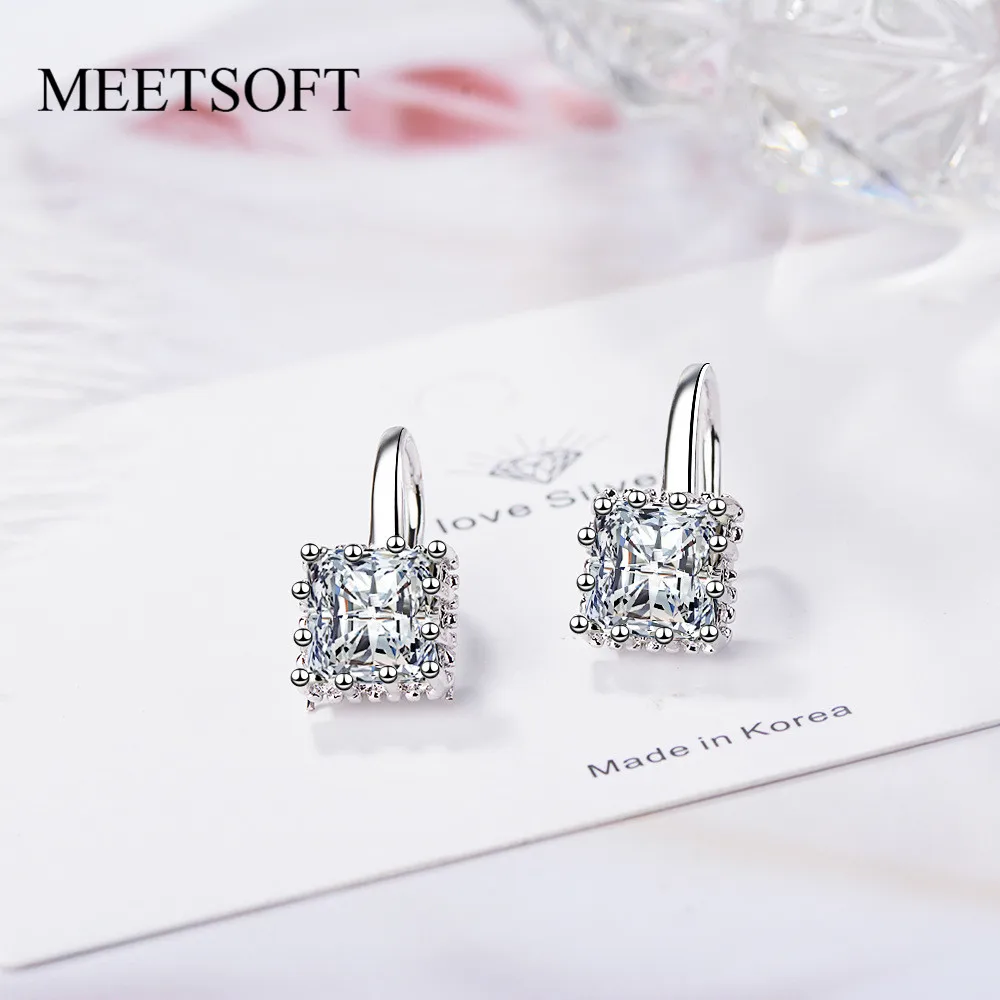 Серьги кольца MEETSOFT из стерлингового серебра 925 с кристаллами квадратной формы, не вызывающие аллергии, модные и маленькие, подарок для женщин.